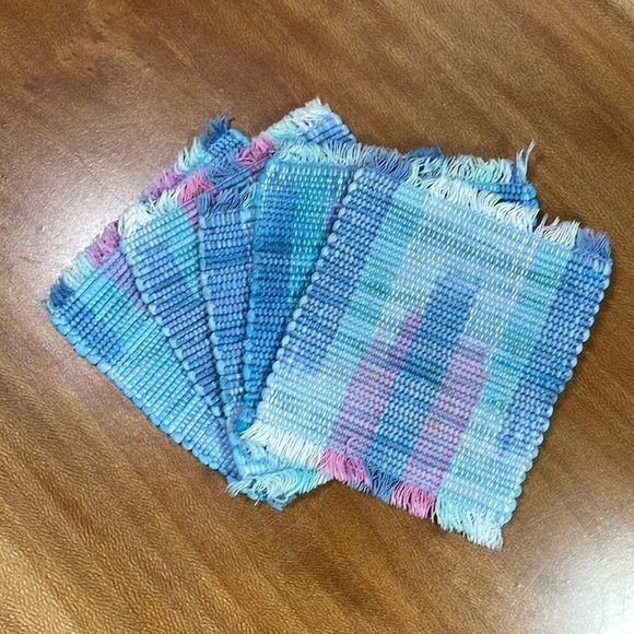 Vintage 90’s Woven Mug Rugs Coaster Cup Place Mats Turquoise Pink Blue Bohemian - Picture 1 of 9